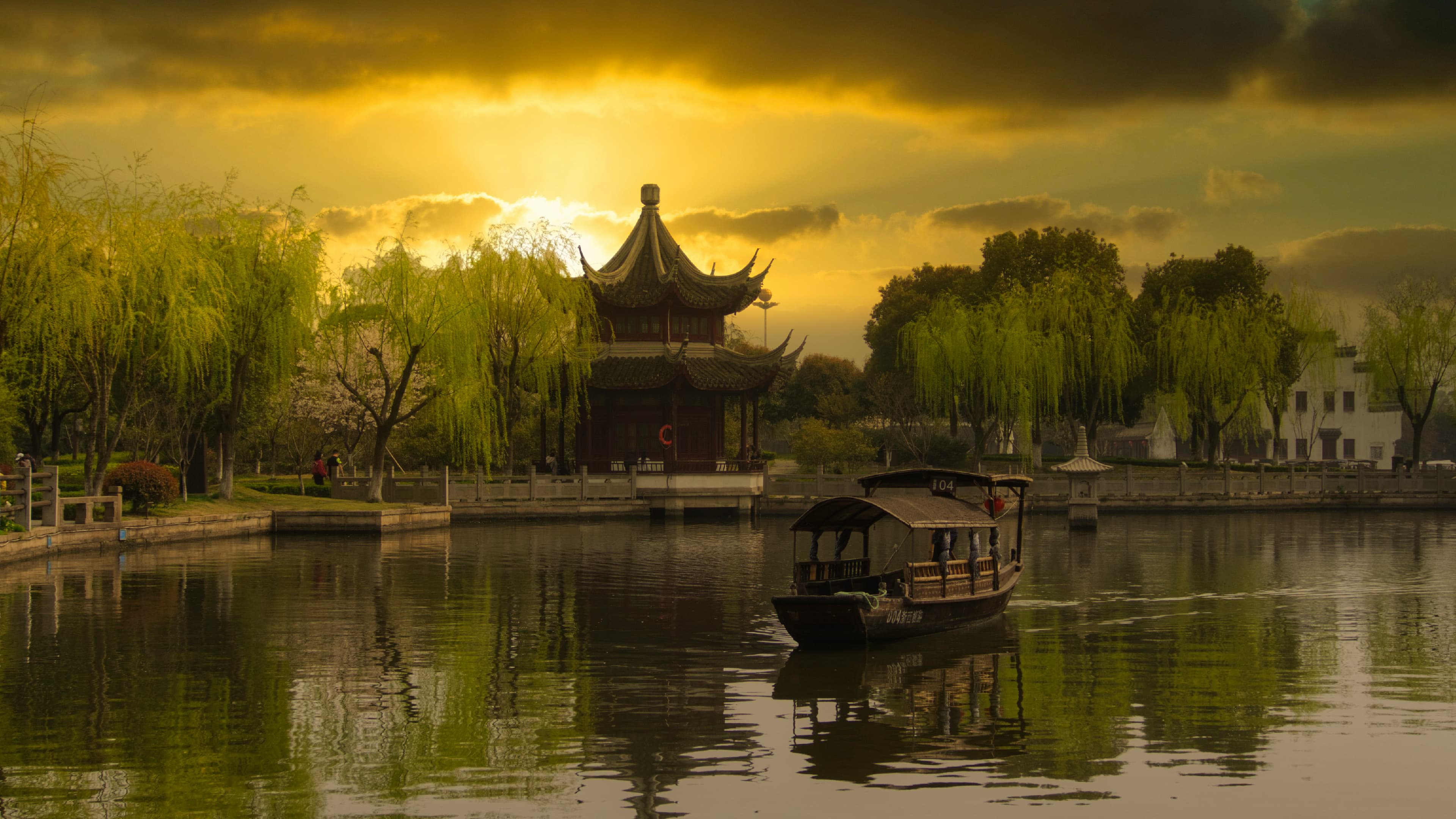 XiTang water town at sunset, Shanghai — lanterns reflected in canal